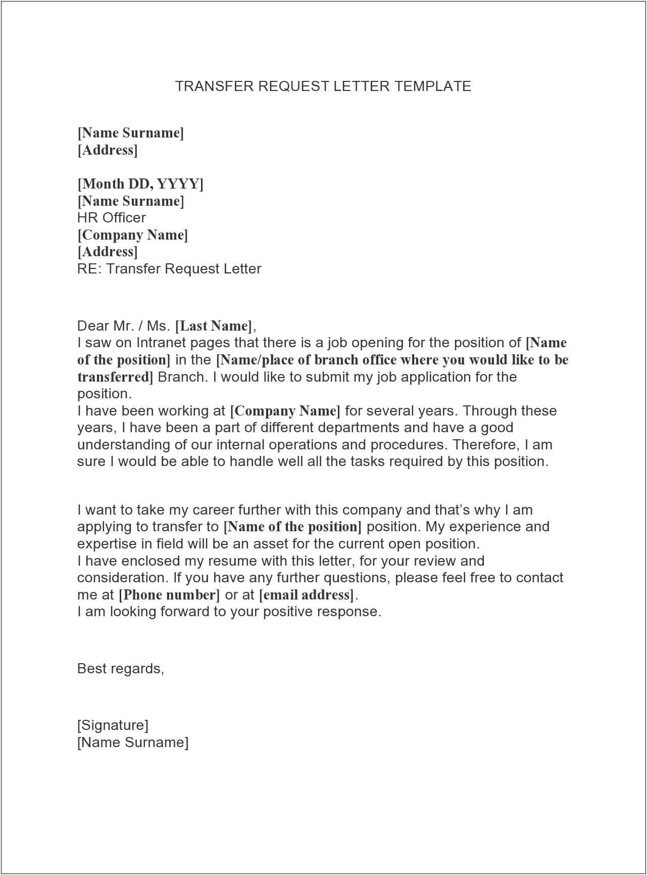 Transfer Request Letter Template Microsoft Word
