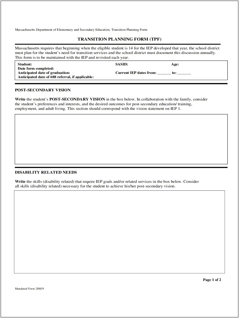 Transition Plan Template For Students With Disabilities