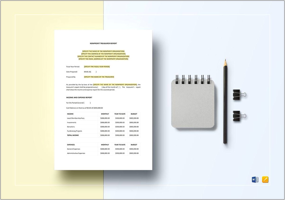 Treasurers Report Template Non Profit Word