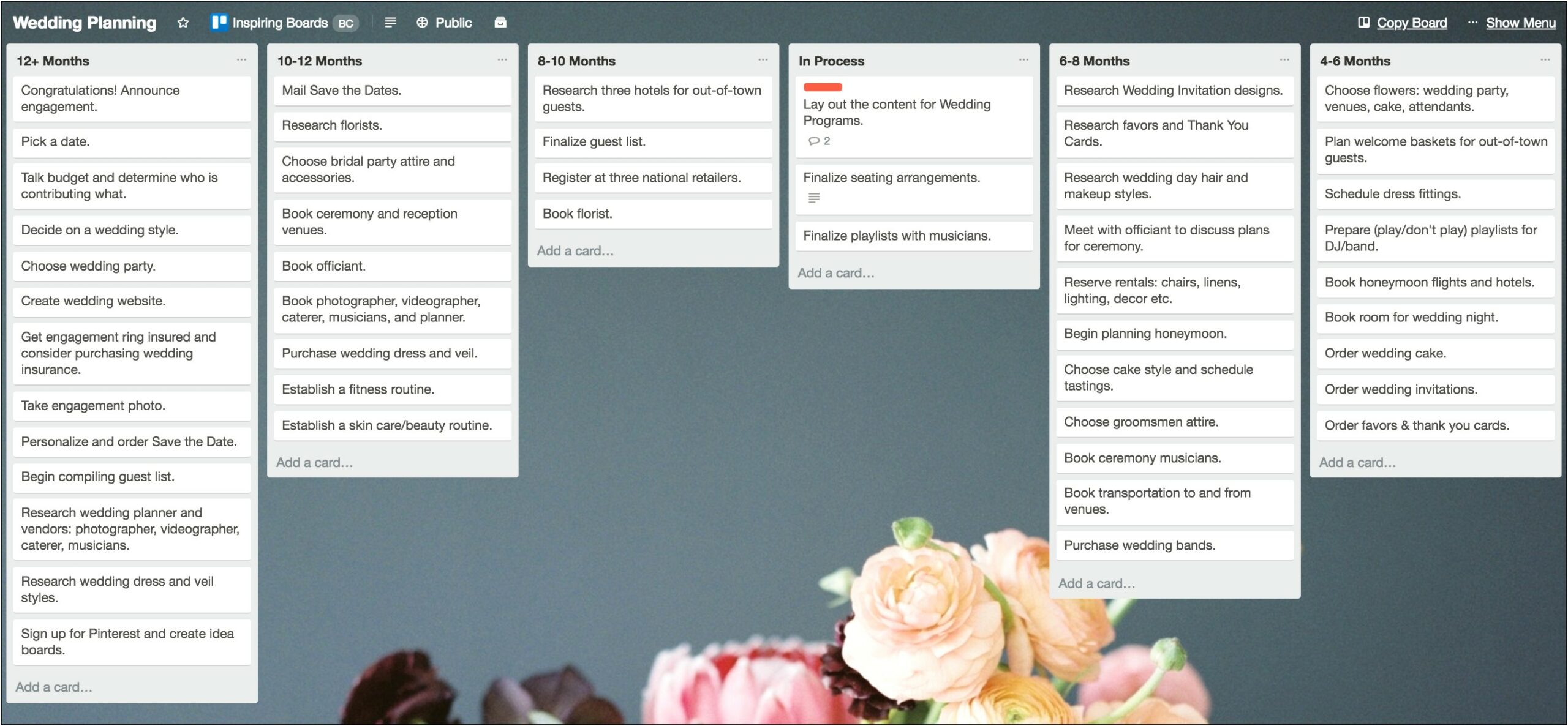 Trello Wedding Vendor Planning Board Template