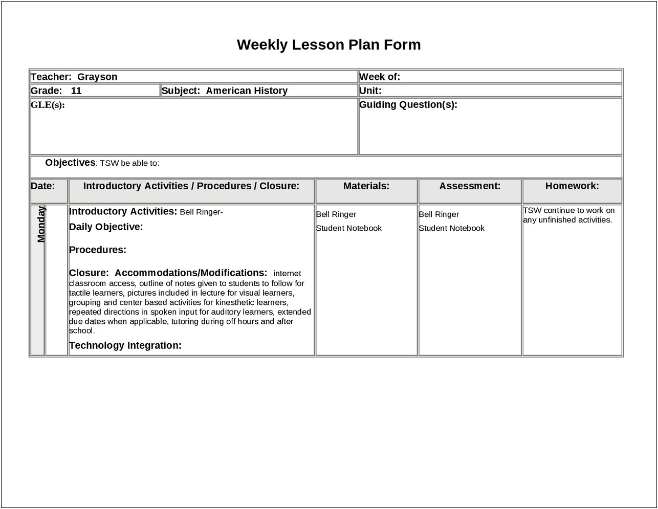 Ttipp Model Social Studies Lesson Plan Template