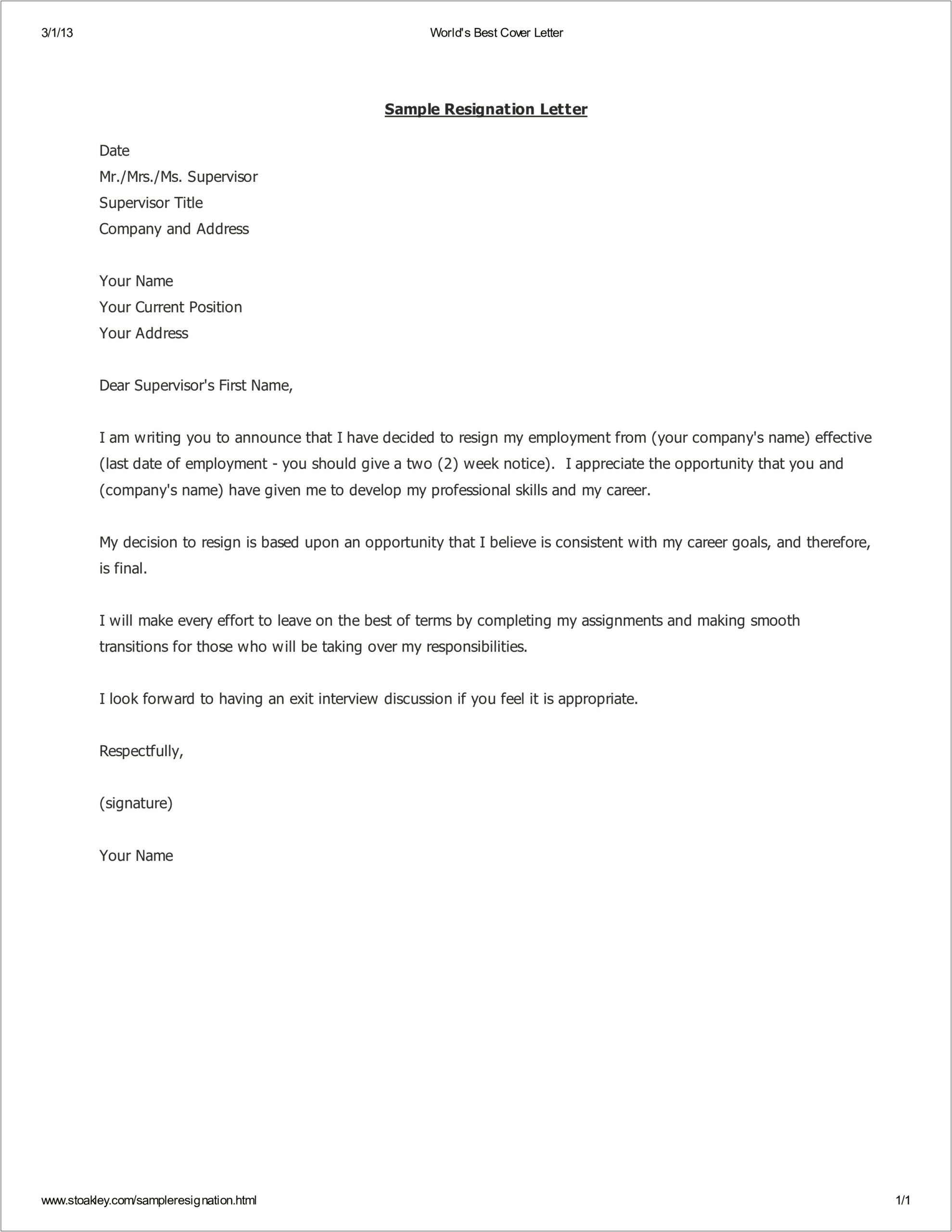 Two Week Resignation Letter Template Printable