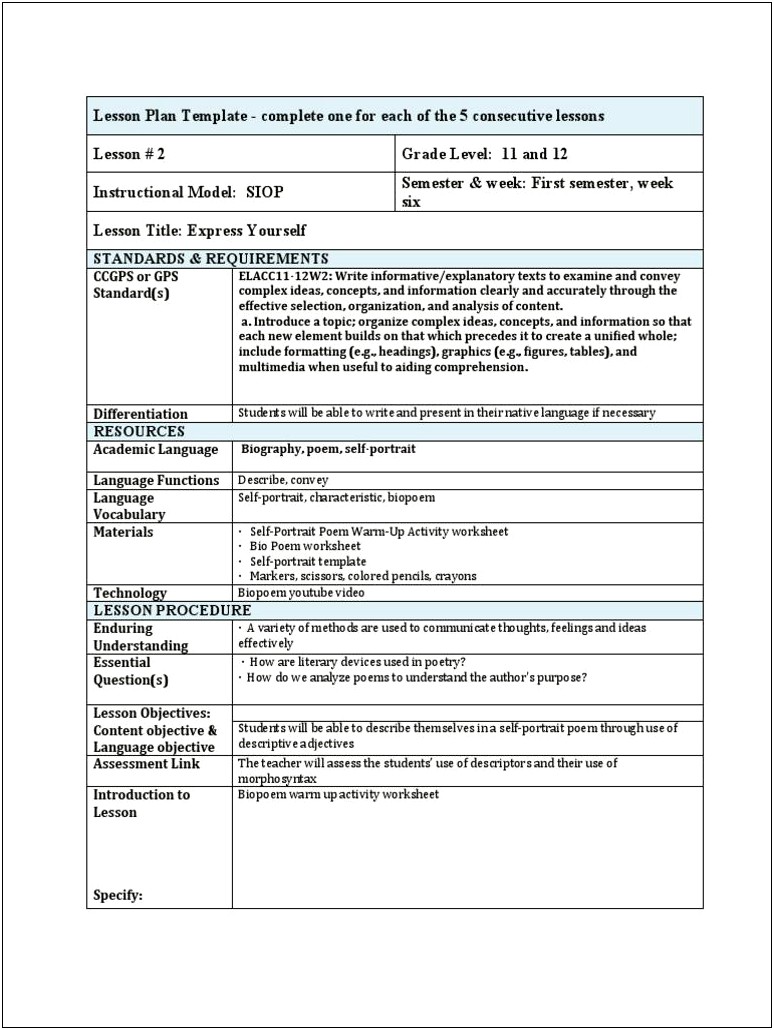 Two Week Twos Lesson Plan Template