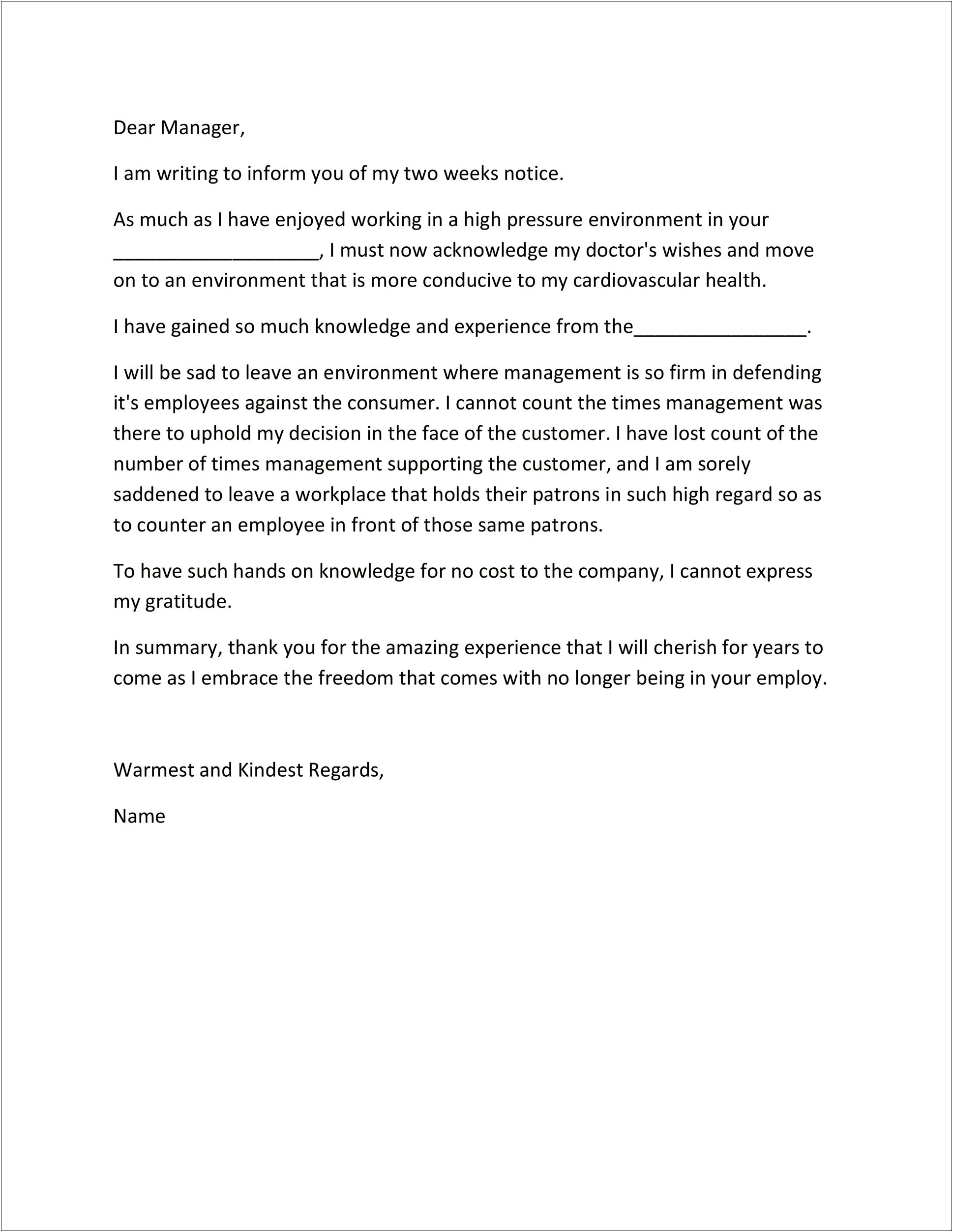 Two Weeks Notice From Child Care Letter Template