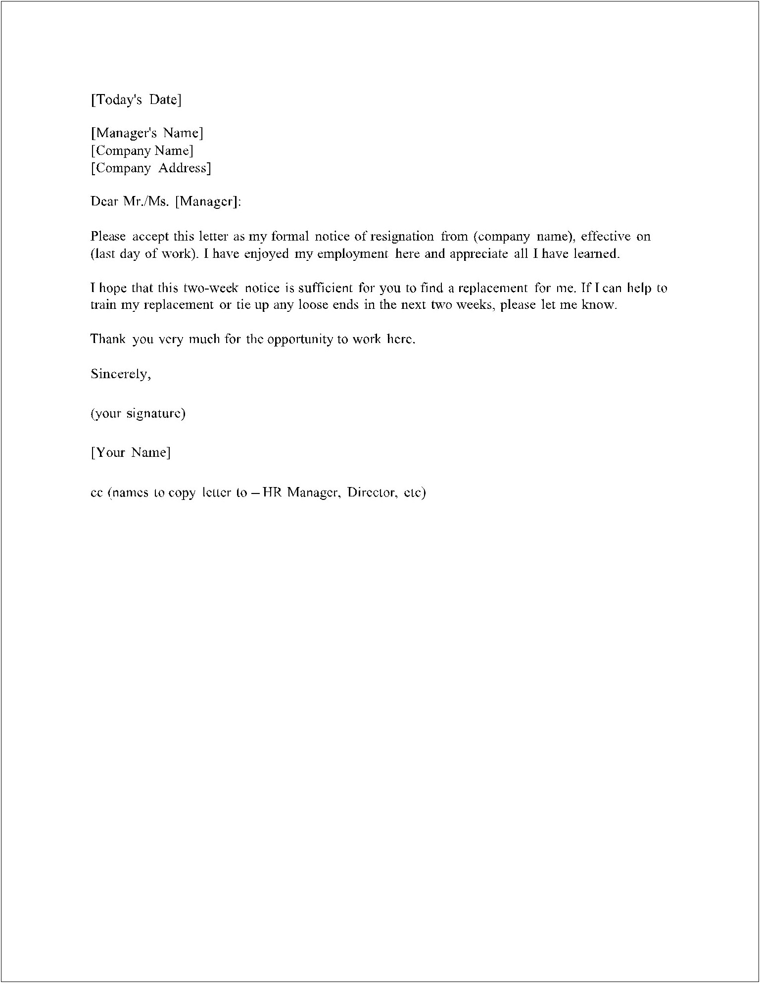 Two Weeks Notice Letter Template Basic