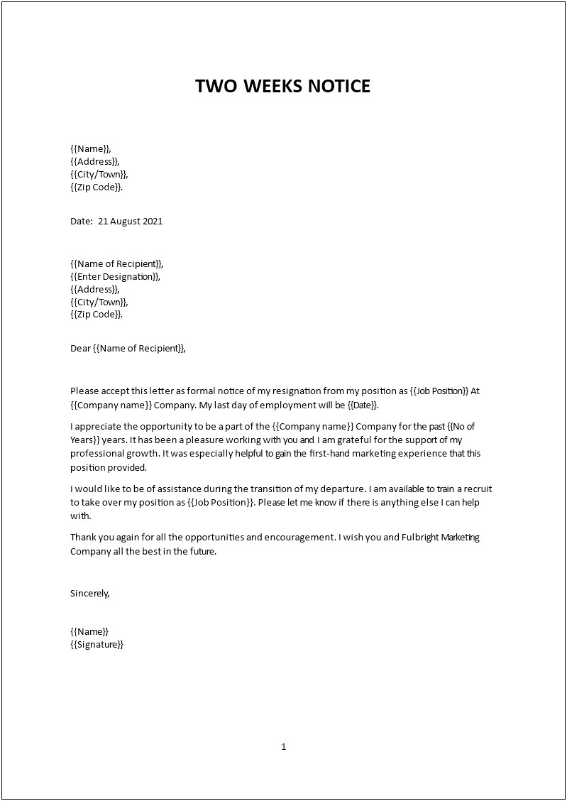 Two Weeks Notice Printable Resignation Letter Template