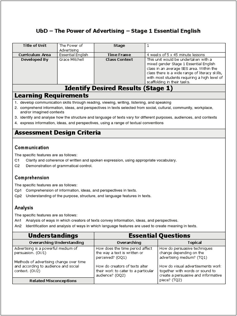 Ubd Lesson Plan Template Google Docs