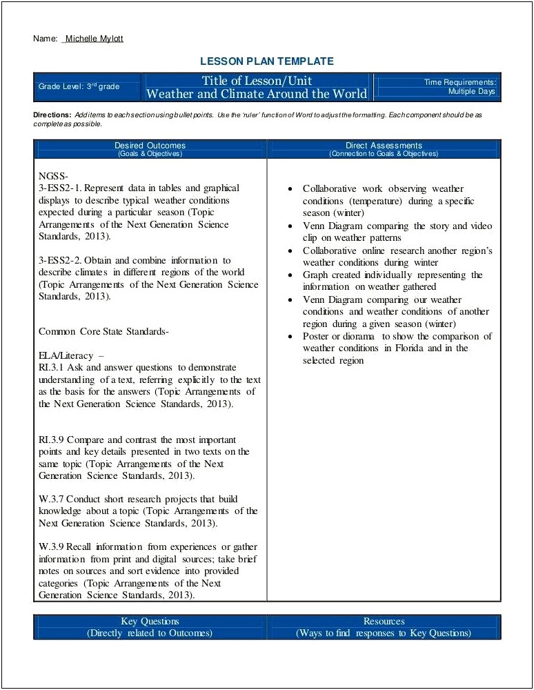 Udl Lesson Plan Template Middle School