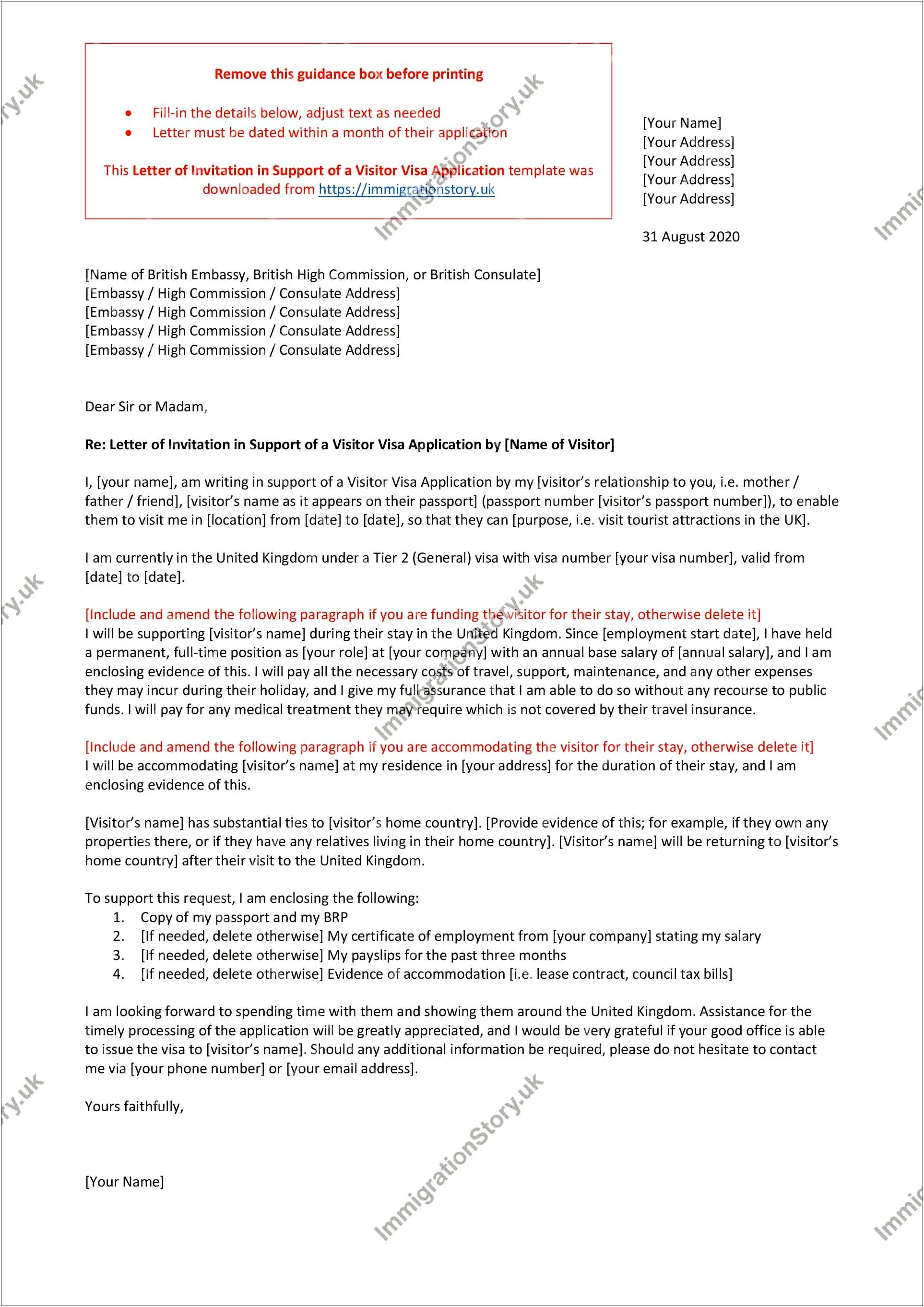 Uk Tourist Visa Cover Letter Template