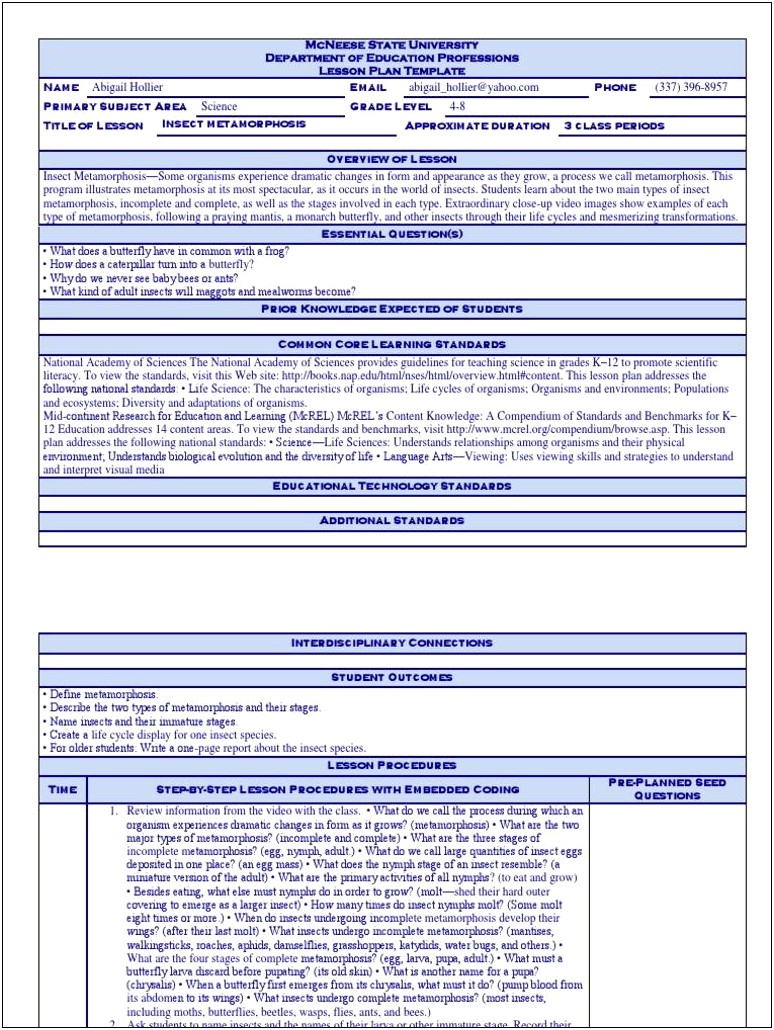 Unit Plan Template For One Subject Area