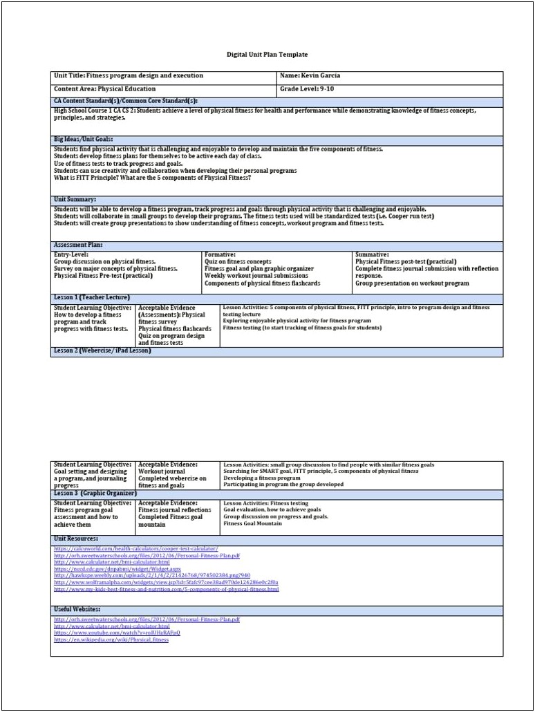 Unit Plan Template For Physical Education