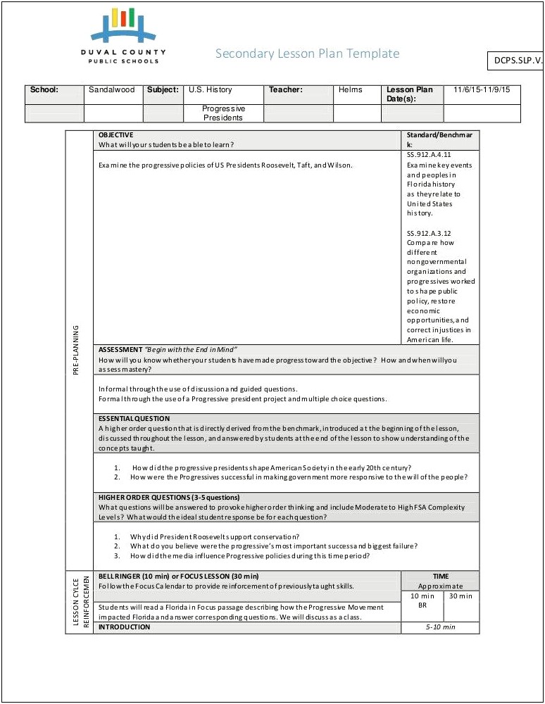 Unit Plan Template High School Population