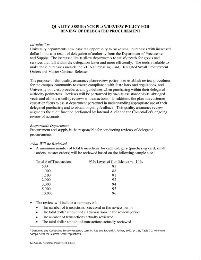 University Quality Assurance Plan And Template