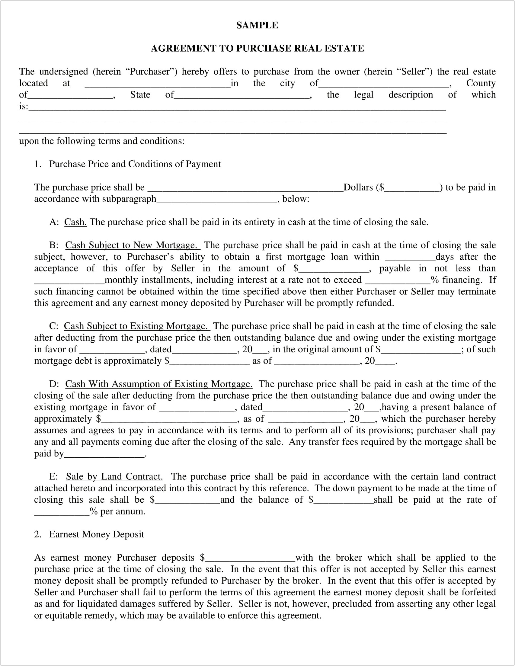 Vacant Land Purchase Agreement Word Template