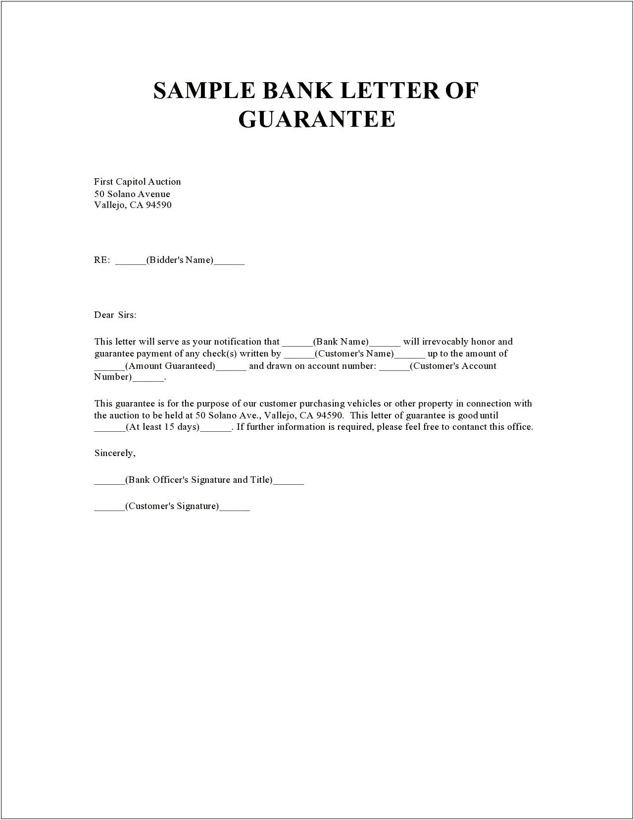 Vehicle Lien Holder Letter Of Guarantee Template