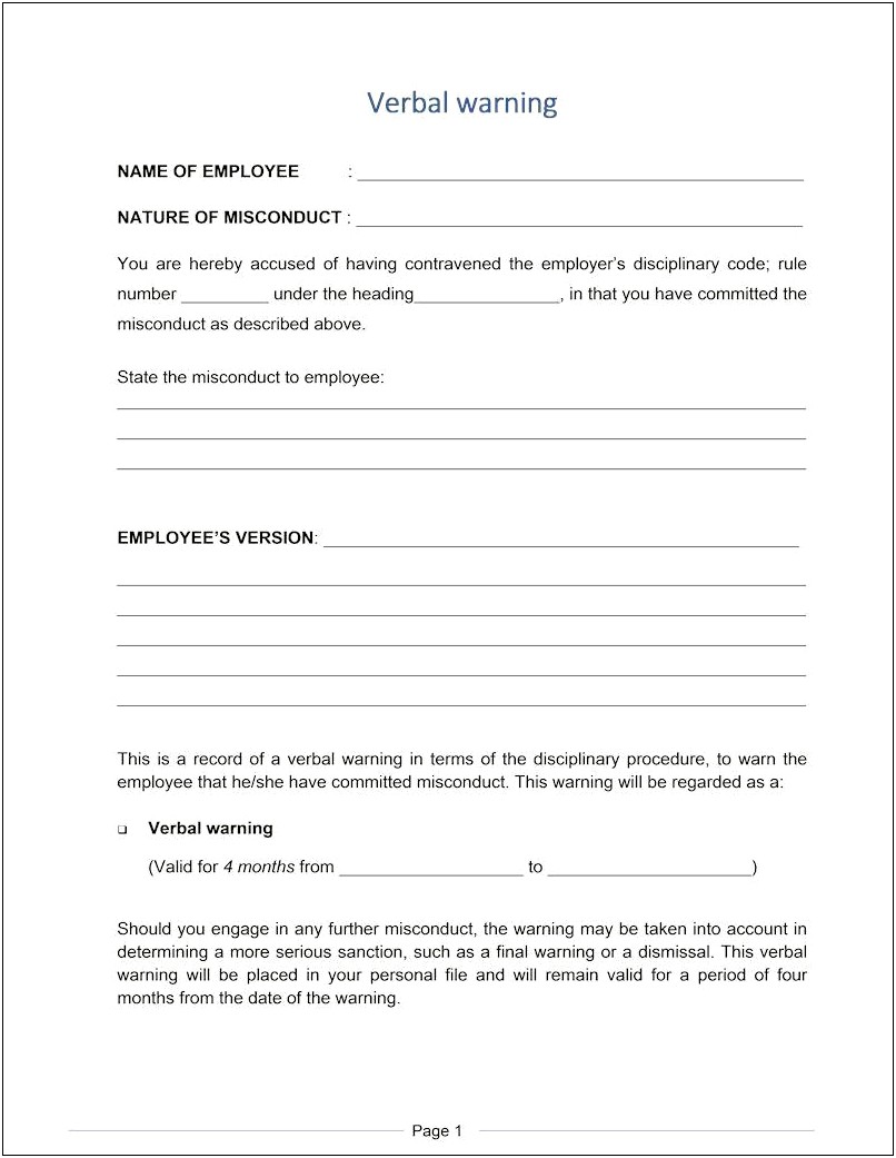 Verbal Warning Letter Template South Africa