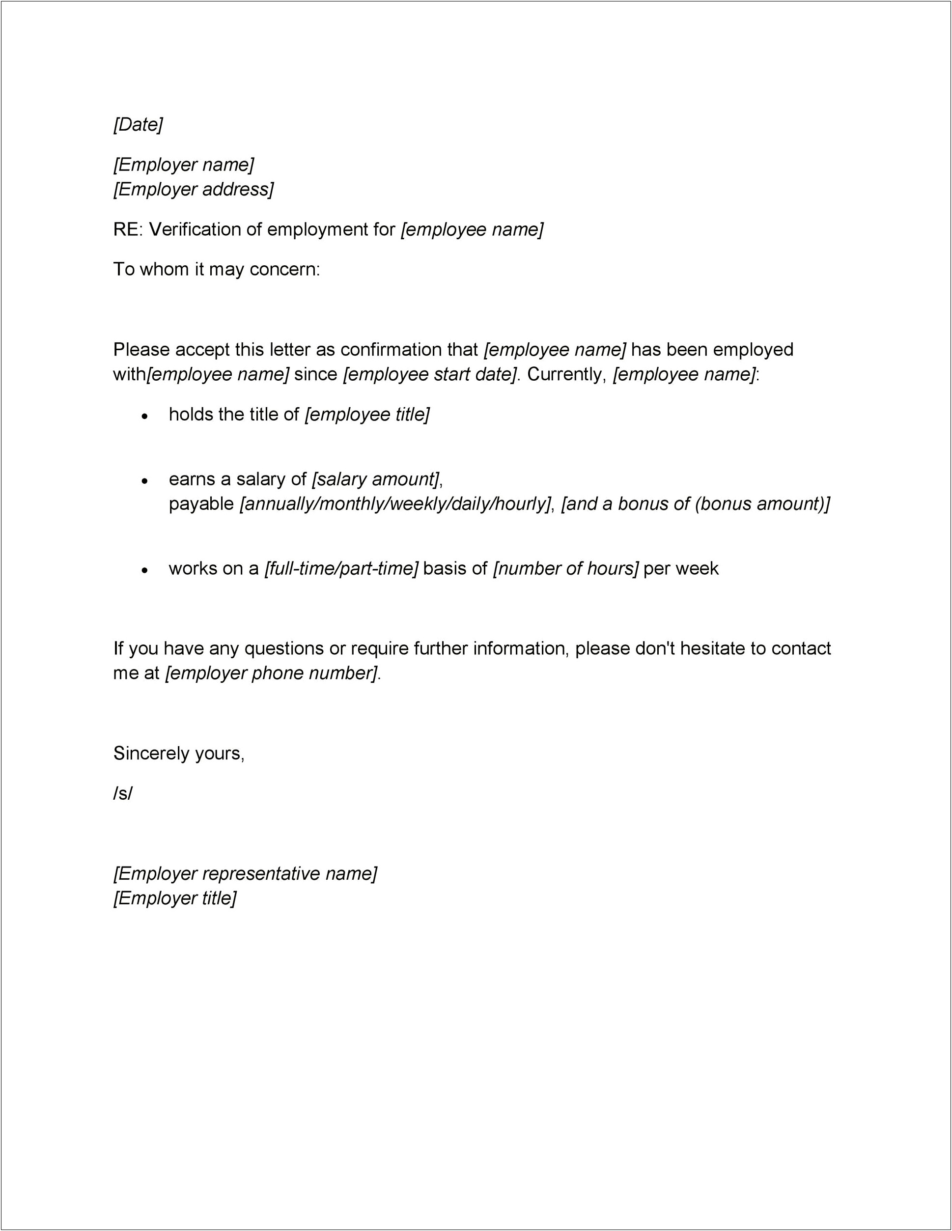 Verification Of Employment Letter Sample Template Word