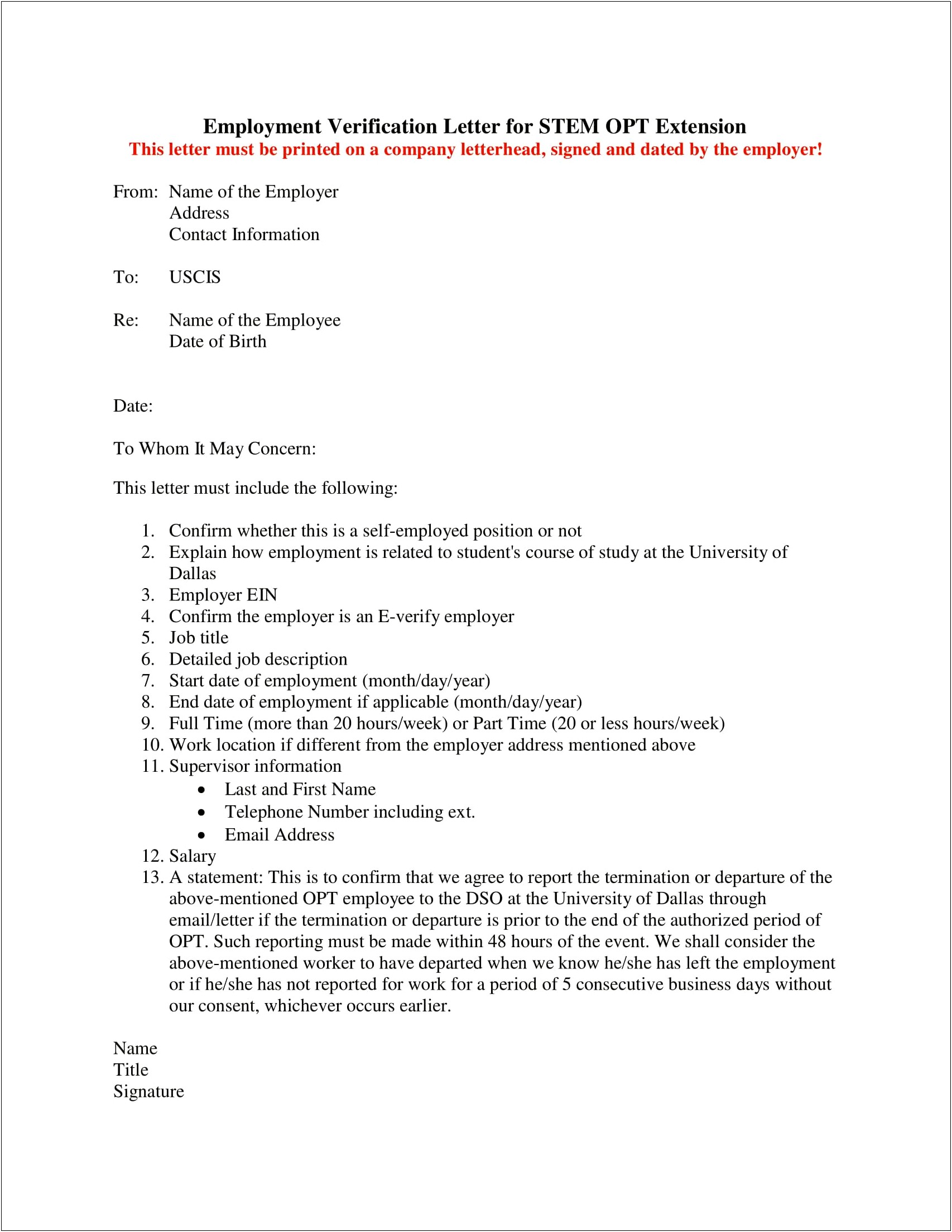 Verification Of Employment Letter Template Uscis