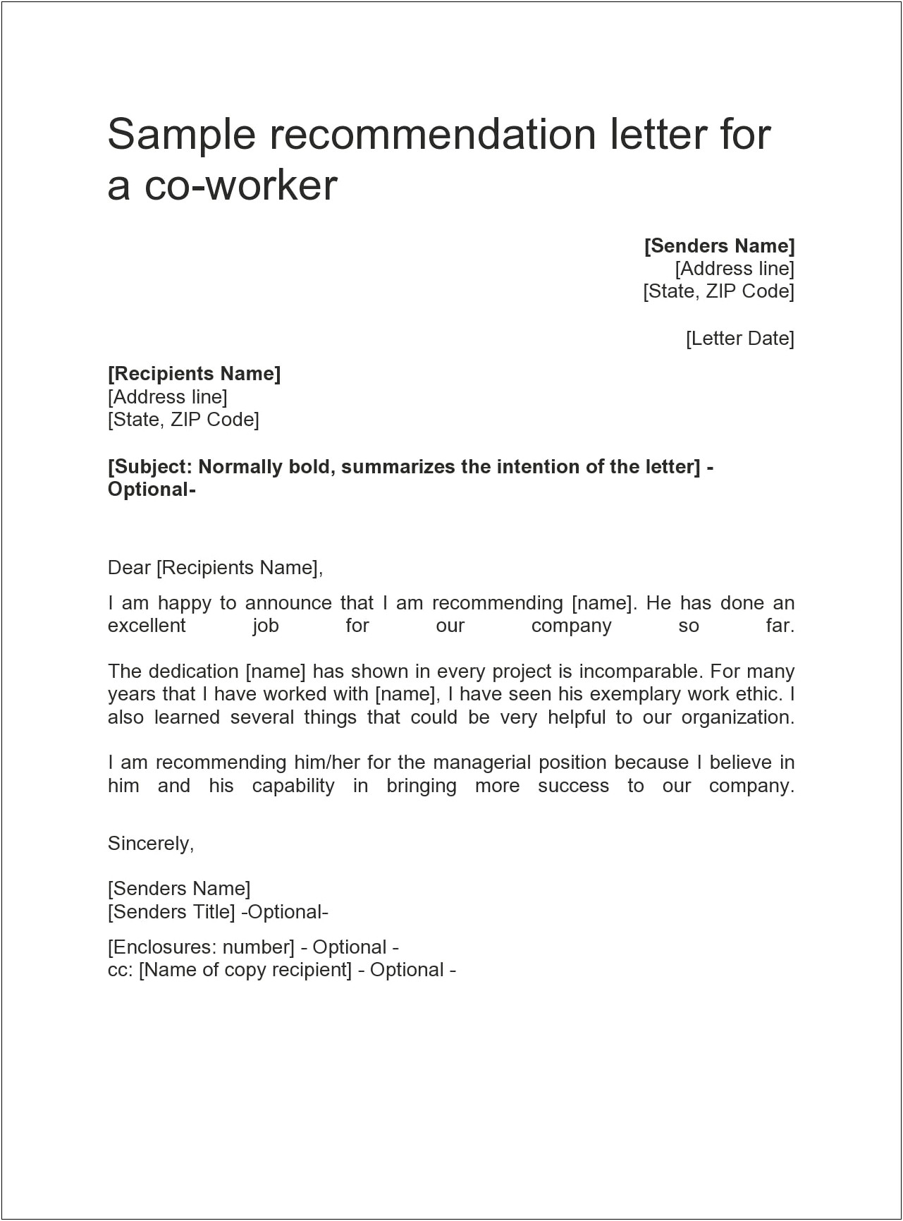 Very Simple Recommendation Letter From Past Employer Template