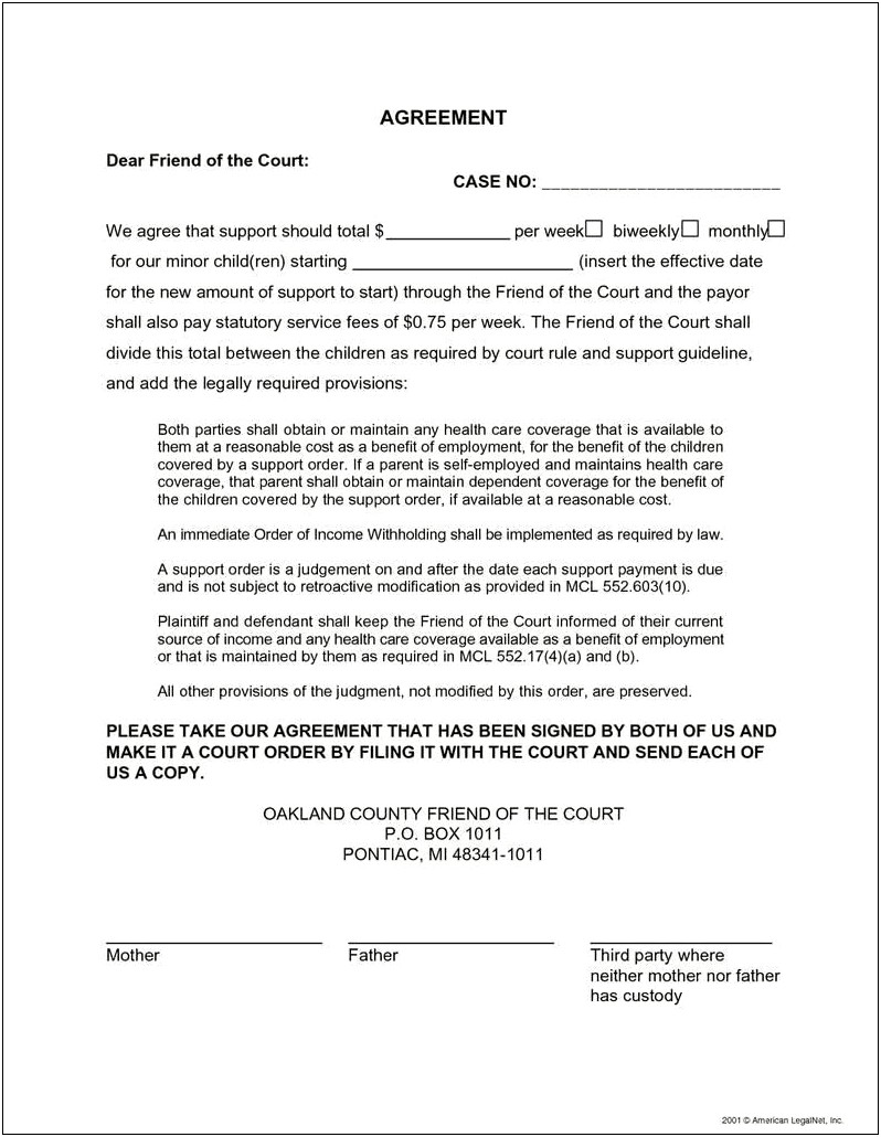 Voluntary Child Support Agreement Letter Template