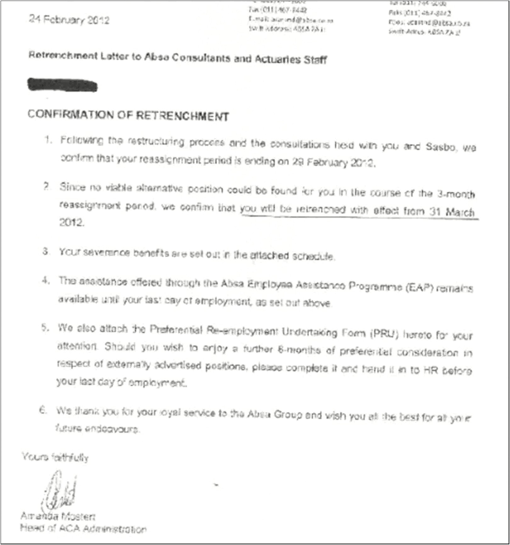 Voluntary Retrenchment Letter Template South Africa