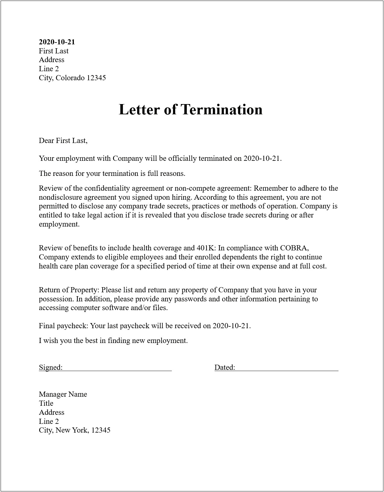 Voluntary Termination Of Employment Letter Template