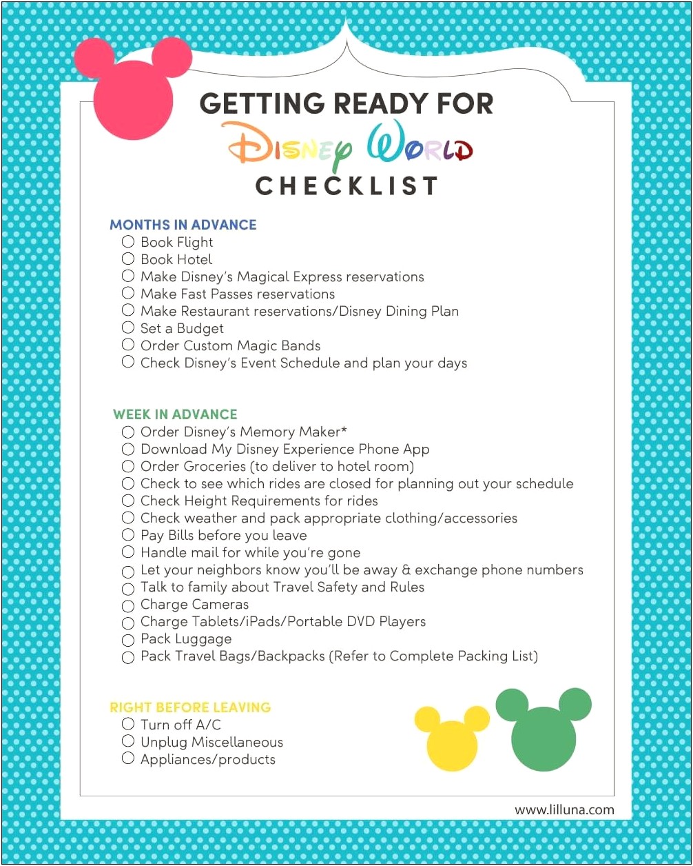 Walt Disney World Itinerary Planning Template