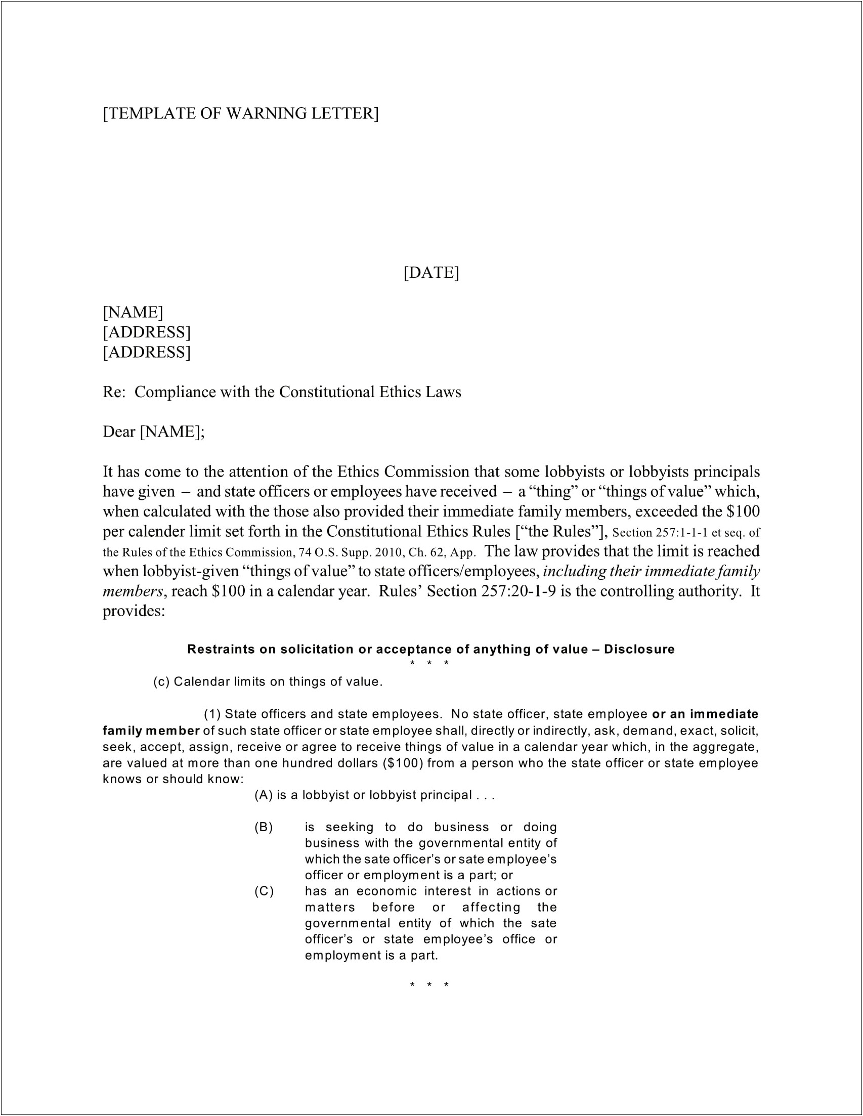 Warning Letter For Employee Conduct Template