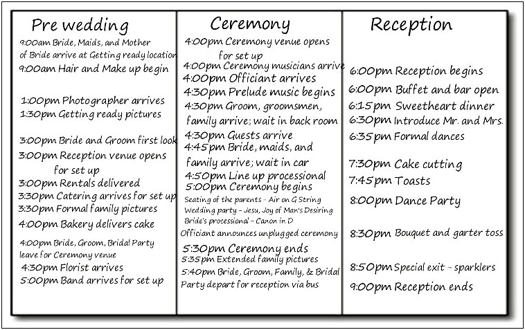 Wedding Day Timeline Word Template Free