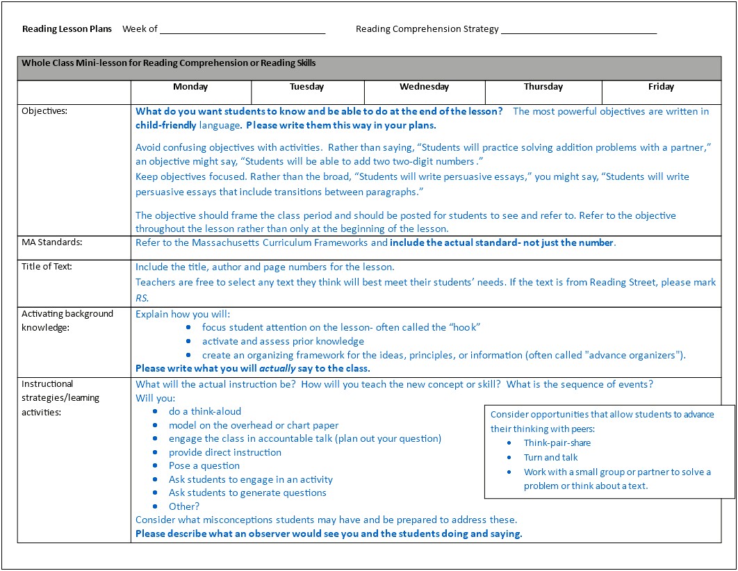 Week Long Lesson Plan Template Free