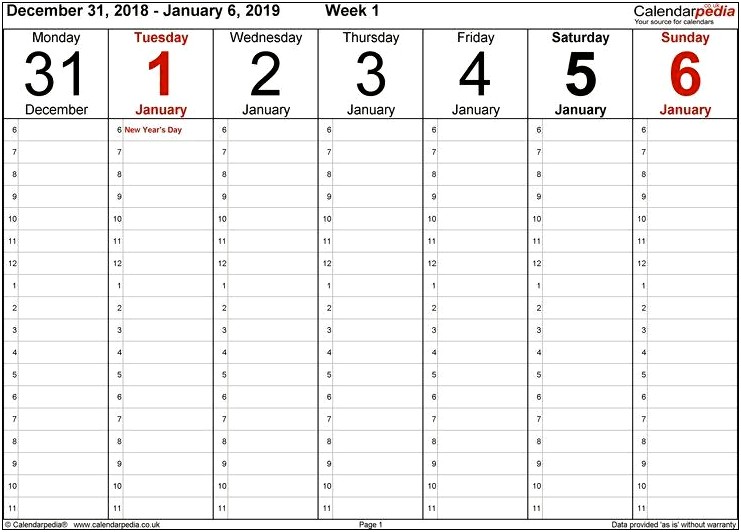 Weekly Calendar With Hours Word Template