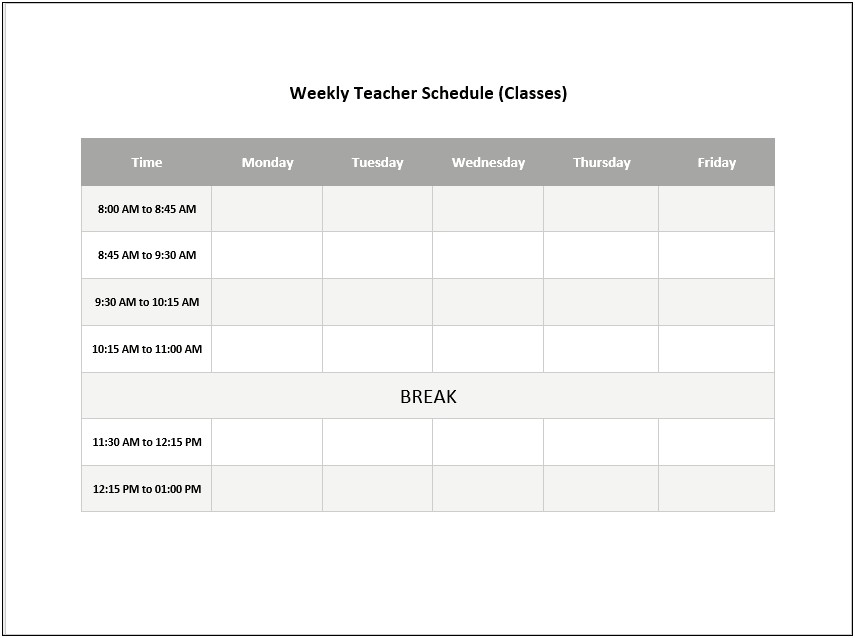 Weekly Itinerary Template Word For Teachers