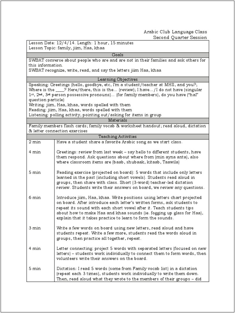 Weekly Lesson Plan For Arabic Lengulg Template Pdf