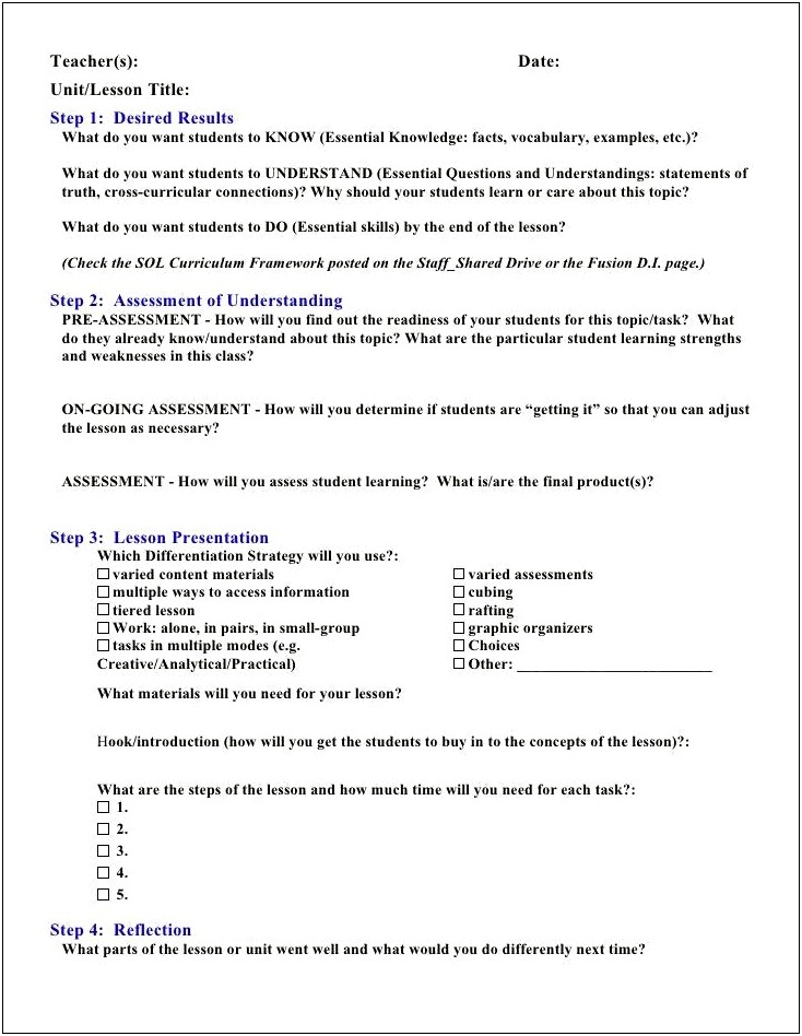 Weekly Lesson Plan Reflection Page Template