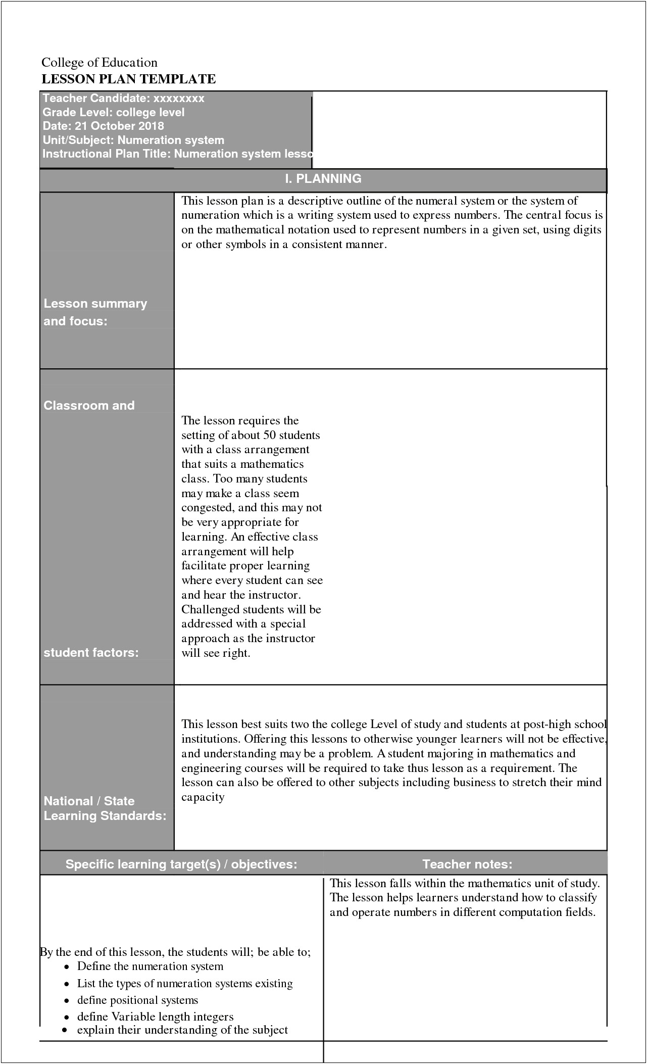 Weekly Lesson Plan Template For Multiple Grades