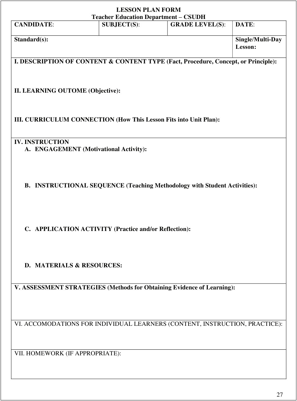 Weekly Lesson Plan Template Multi Subject