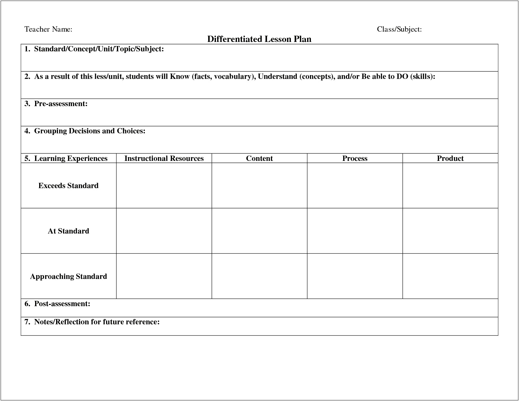 Weekly Lesson Plan Template With Differentiation