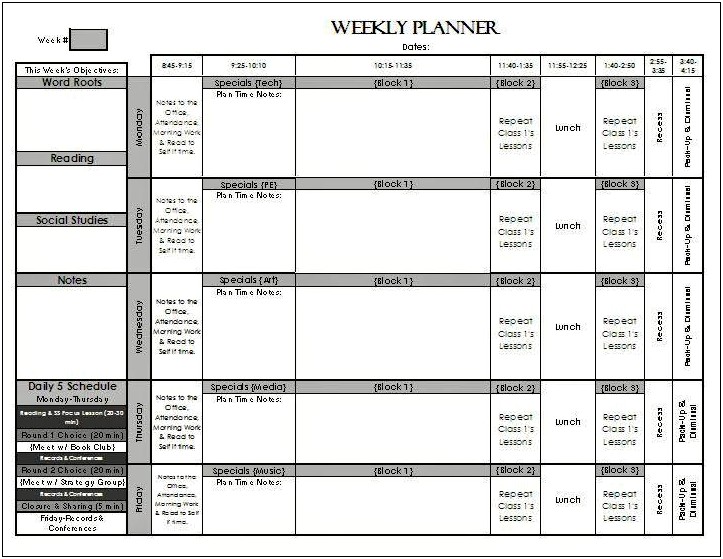 Weekly Middle School Lesson Plan Template