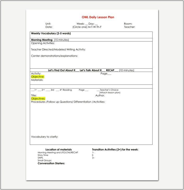 Weekly Single Subject Lesson Plan Template