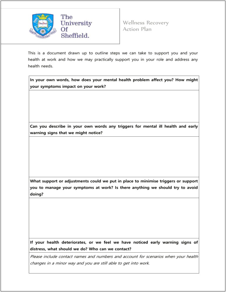 Wellness And Recovery Action Plan Template