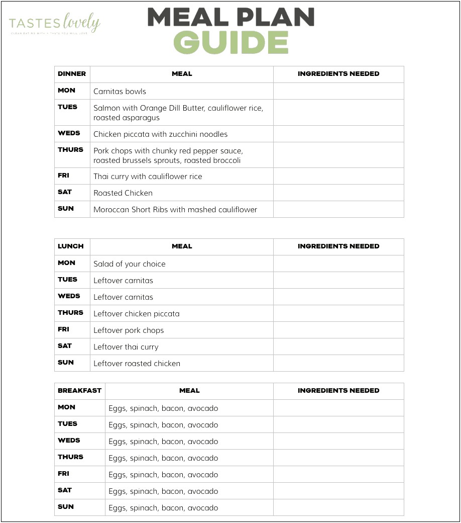 Whole 30 Meal Plan Template Blank