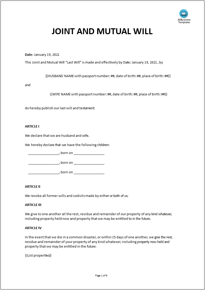 Will And Testament Template Microsoft Word