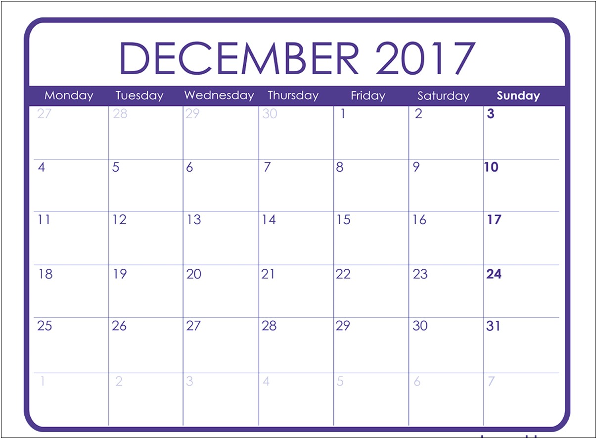 Word 2017 Celendar Template 2017 Monday Friday