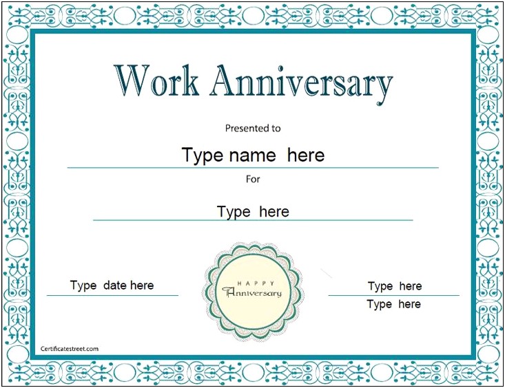 Word Anniversary Certificate Templates For Employees