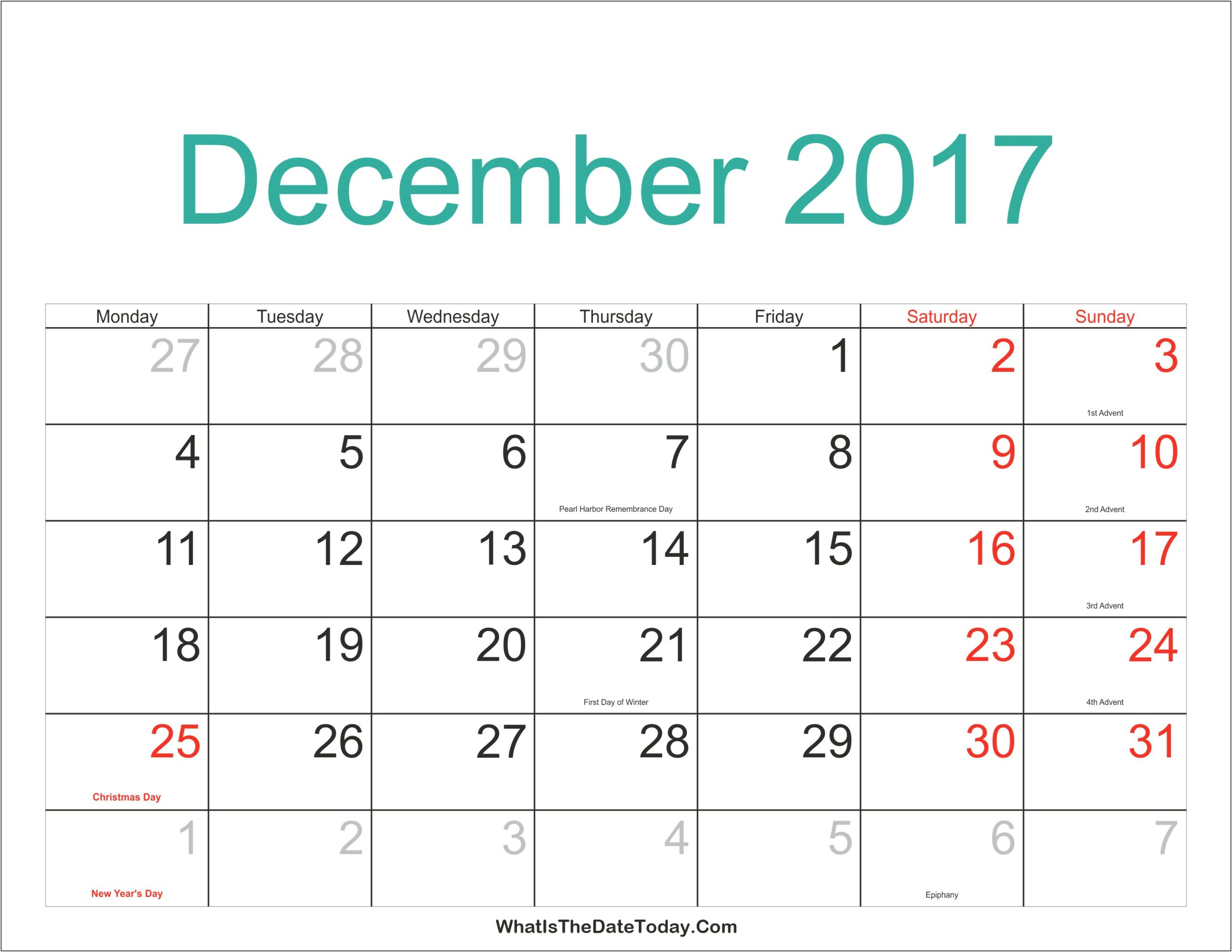 Word Calendar Template 2017 With Holidays