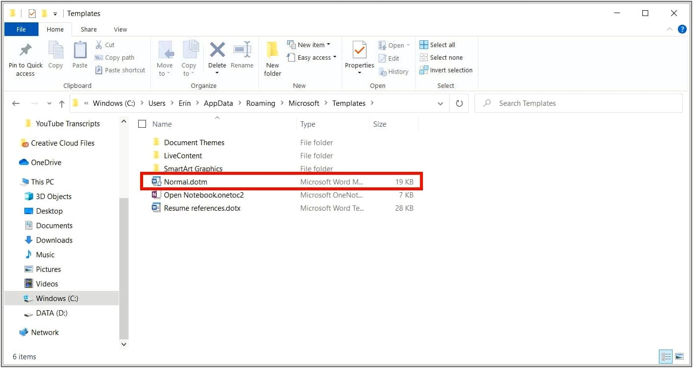 Word Change Normal Template No Appdata Folder