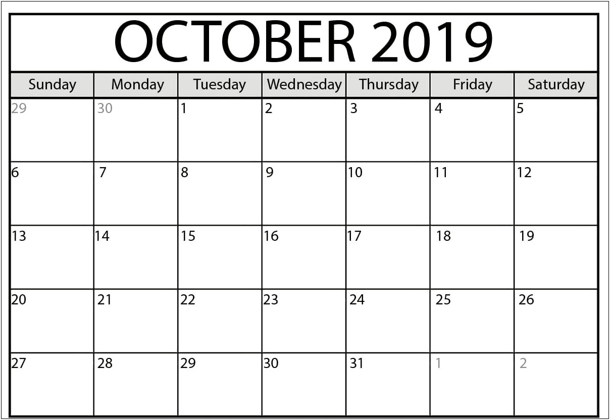 Word Doc Monthly Planner Template Oct 2019 Printable