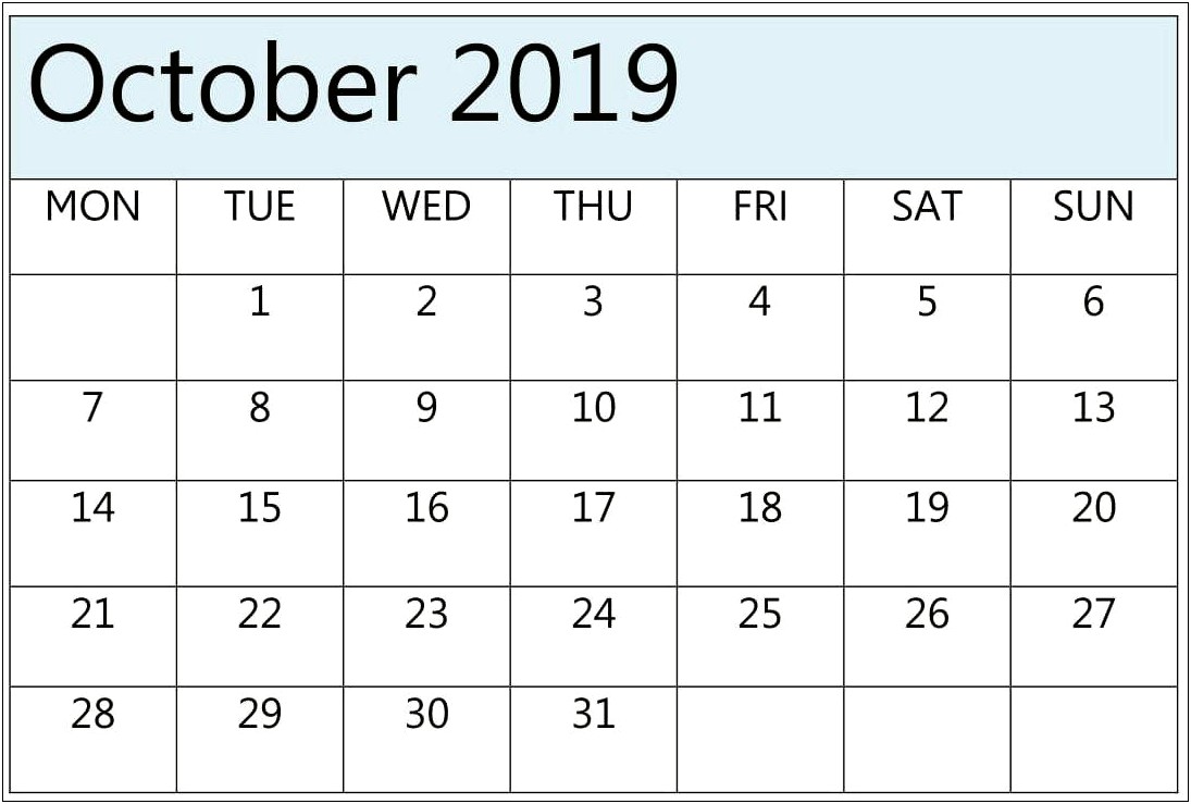 Word Doc Monthly Planner Template Oct 2019