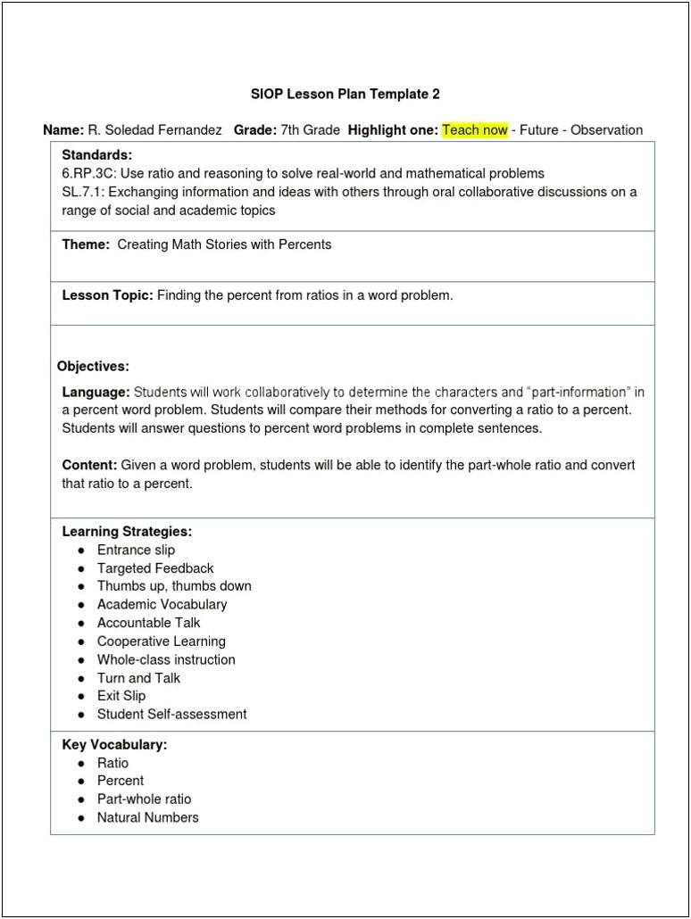 Word Document Siop Lesson Plan Template 1