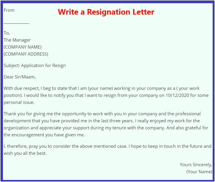 Word Letter Writing Template Resignation Letter
